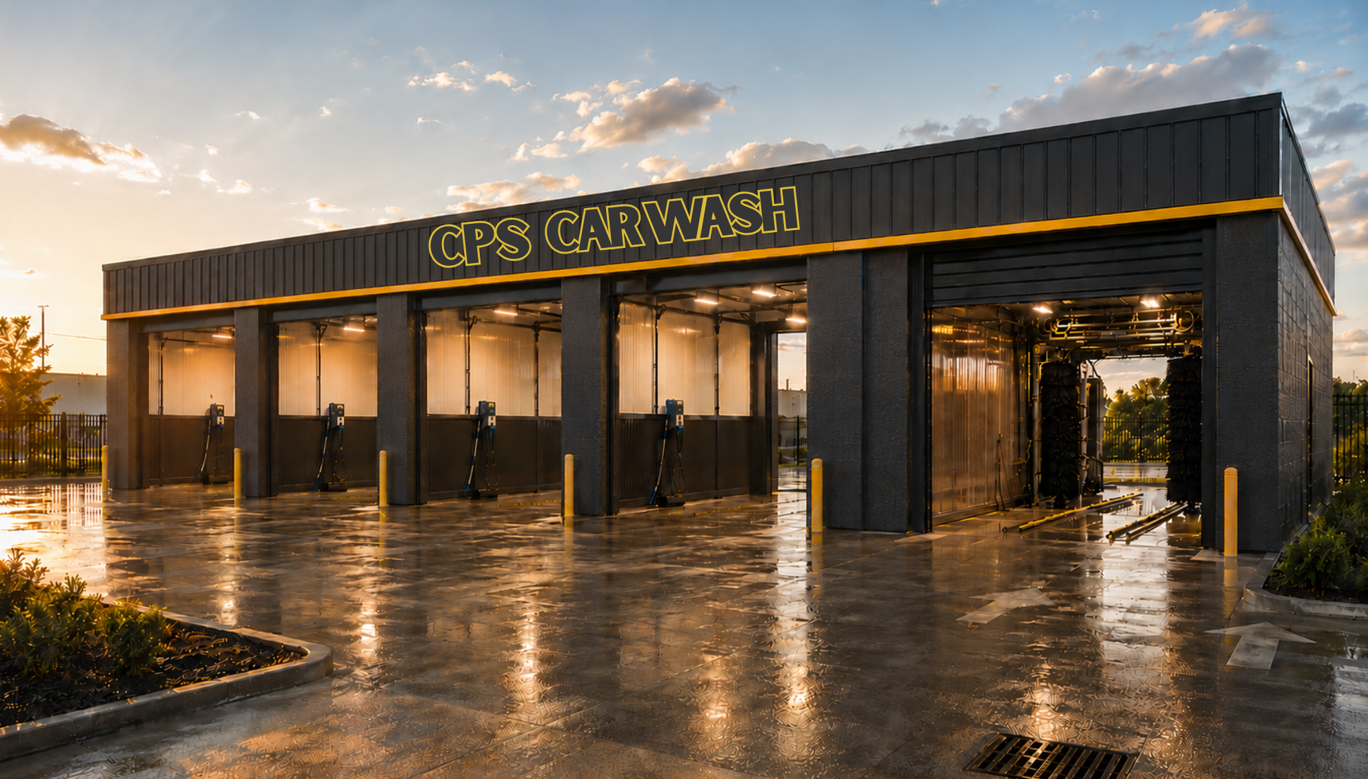 Open self-serve manual car wash bays, clean industrial construction